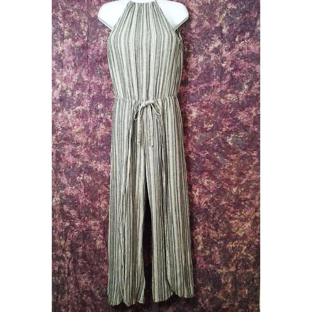 Y2K Mimi Chica Jumpsuit -M Linen Striped Open-Leg Halter-Top Playsuit Sexy Coast